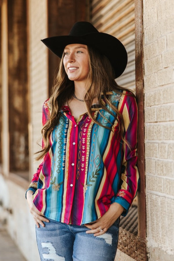 Red Turquoise Serape Pearl Snap Button Down Top