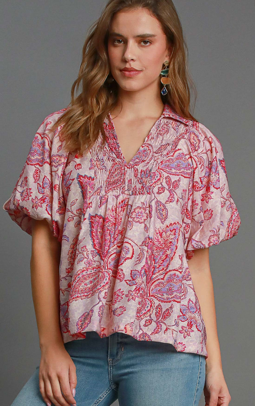 Plus Size Umgee Bubble Sleeve Blouse *Patterned