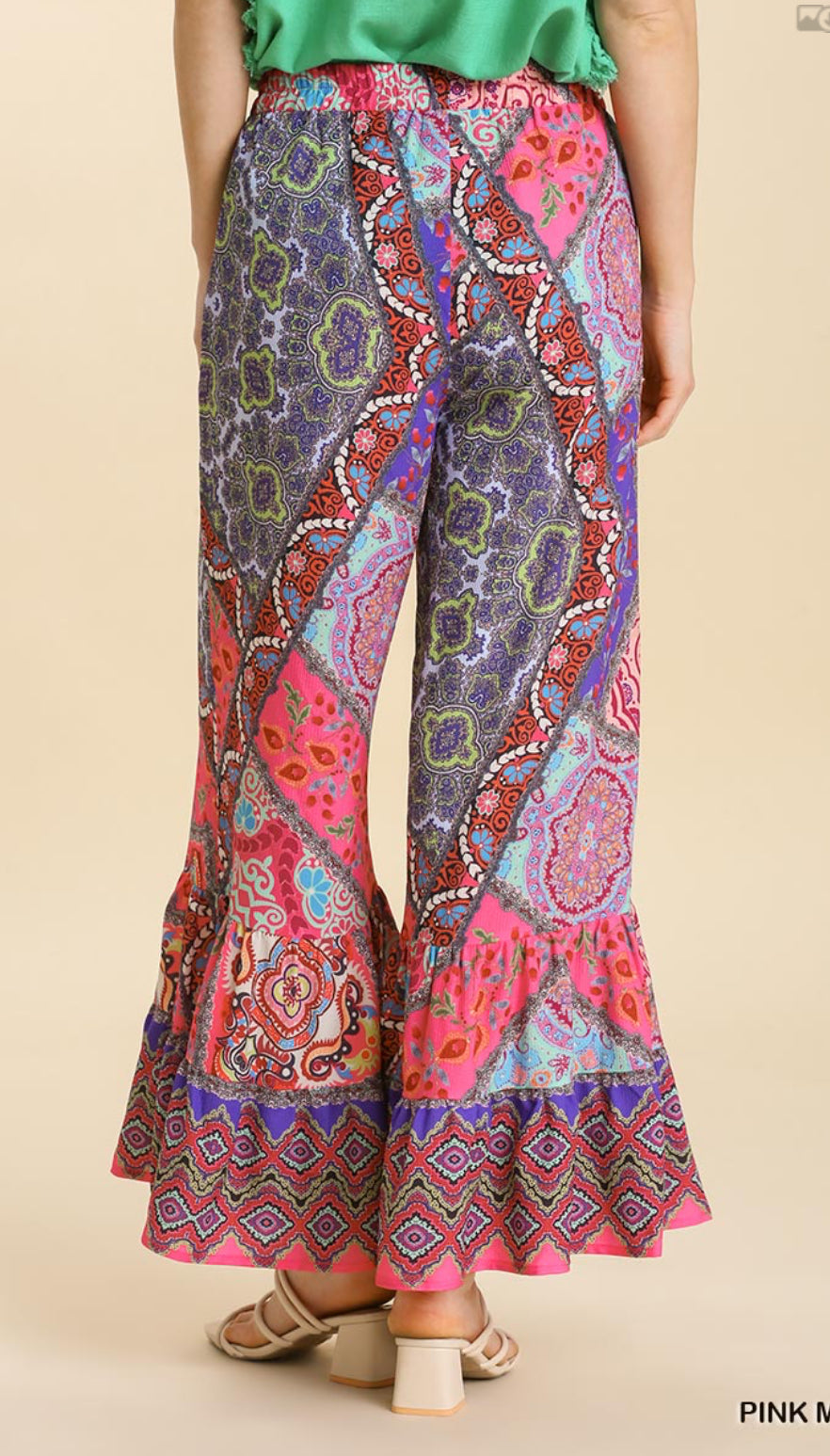 Mixed Print Ruffle Pants Plus Size