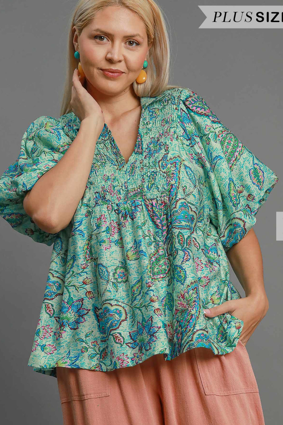 Plus Size Umgee Bubble Sleeve Blouse *Patterned