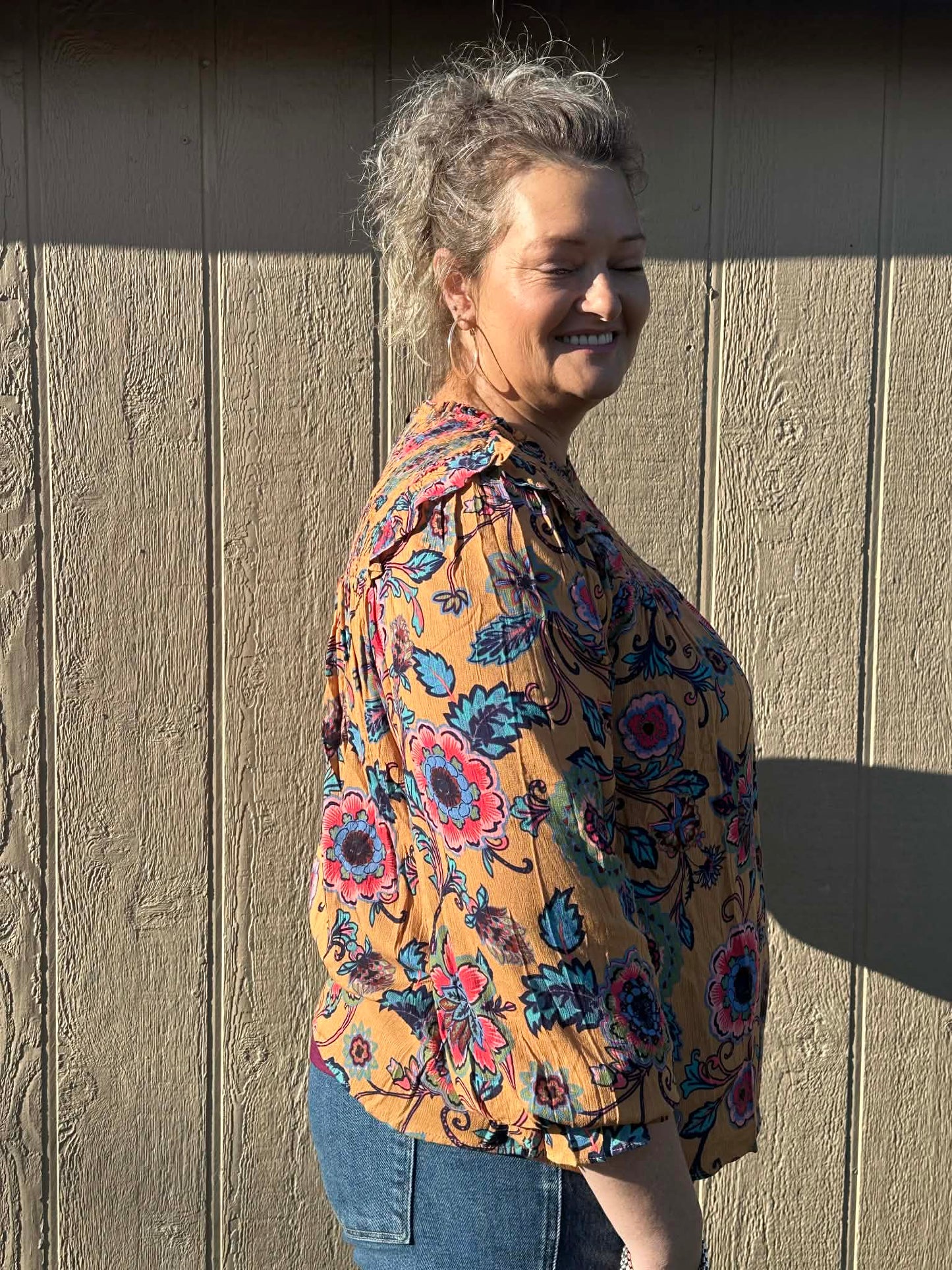 Easel Mustard print Tabby long sleeve top