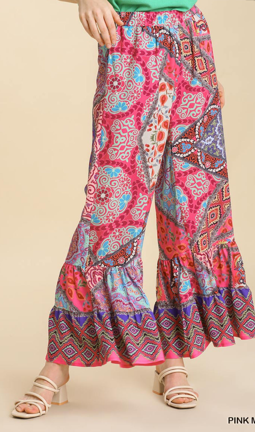 Mixed Print Ruffle Pants Plus Size