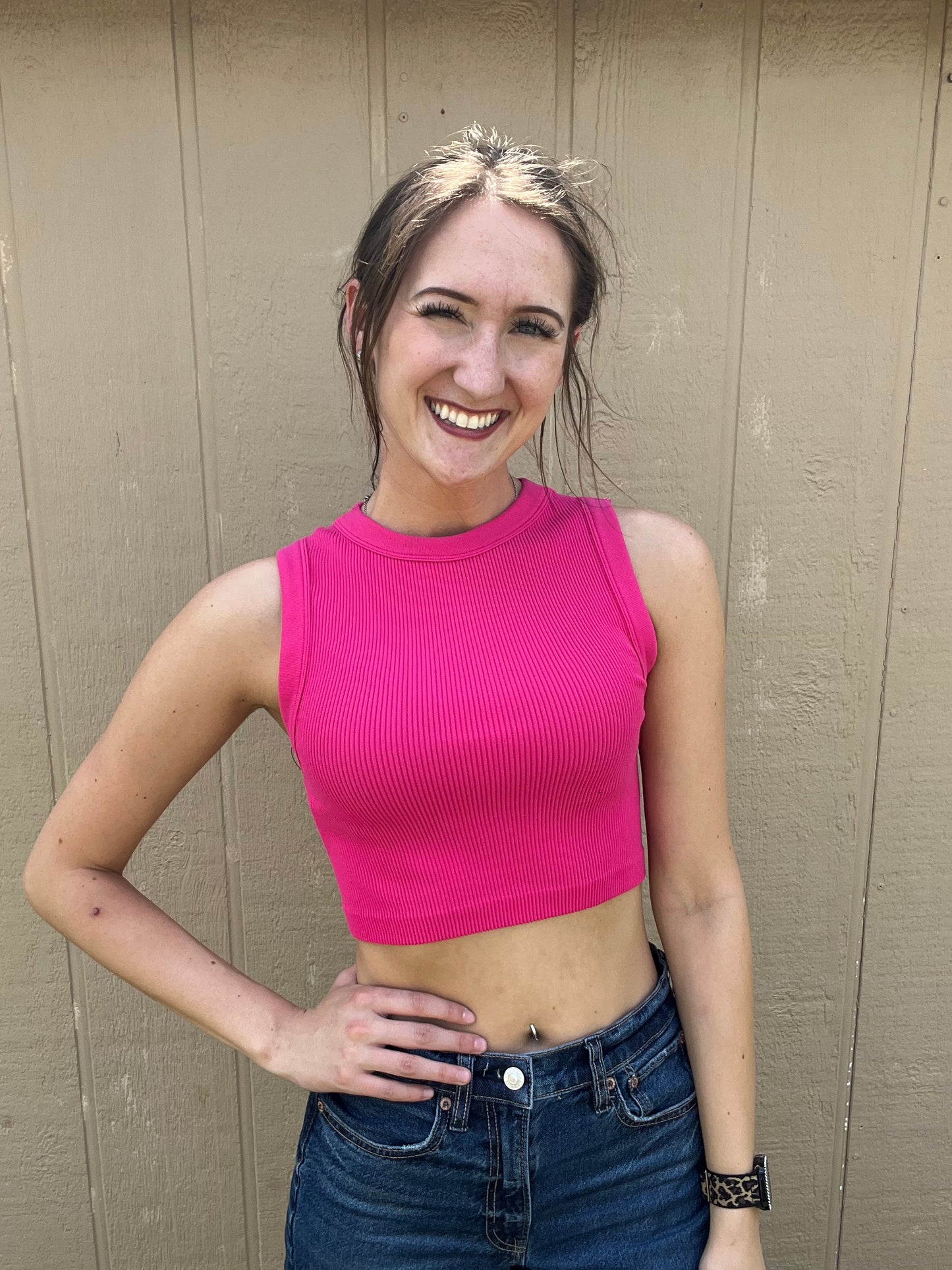 Pink Crop Ribbed tank
