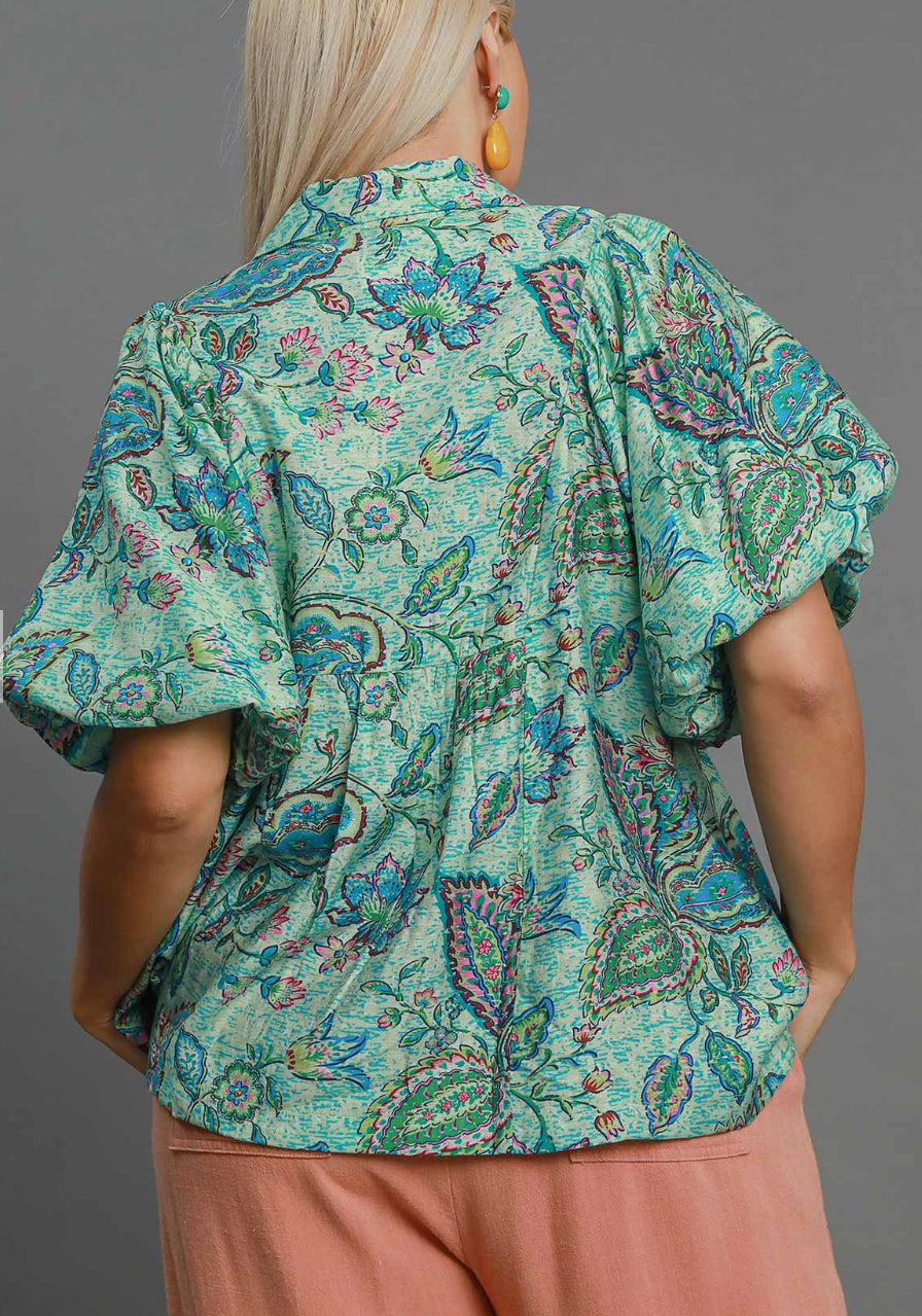 Plus Size Umgee Bubble Sleeve Blouse *Patterned