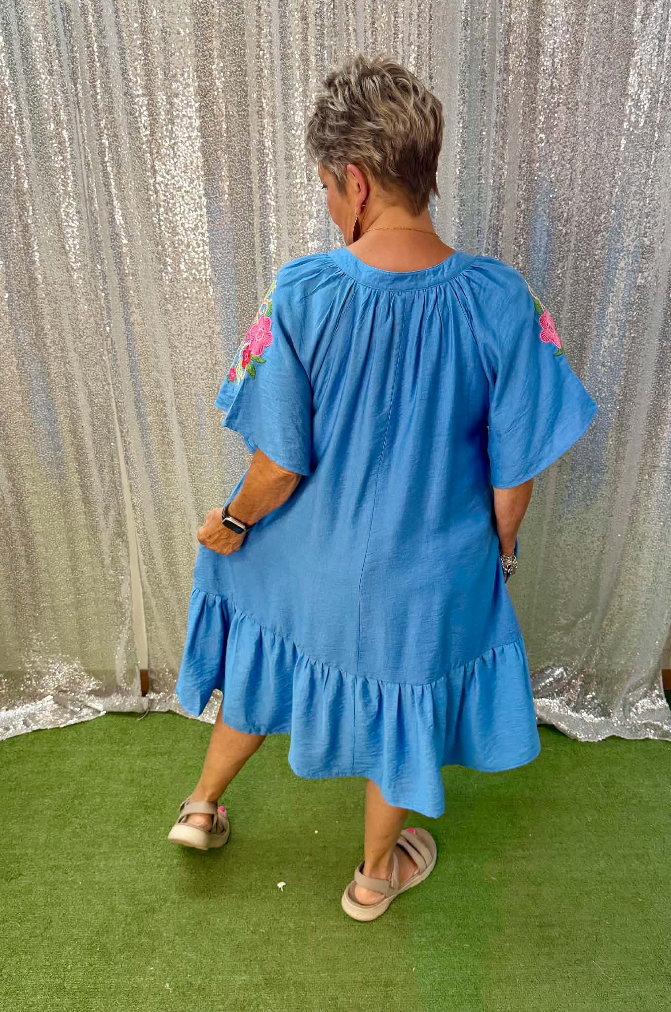 umgee floral sleeve cerulean dress