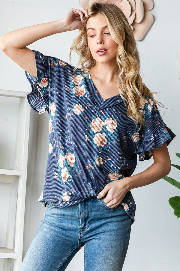 Floral Ribbed Flutter Sleeve Top Plus Size