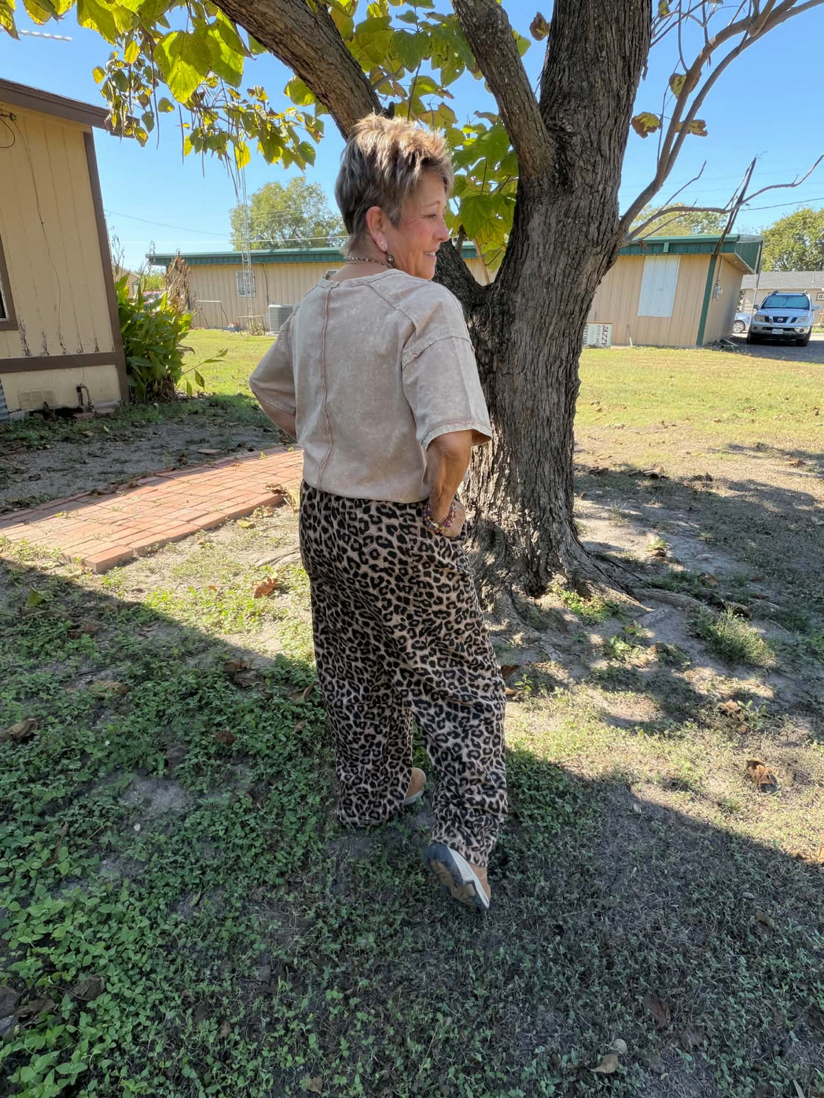 New Me taupe leopard sweatpants