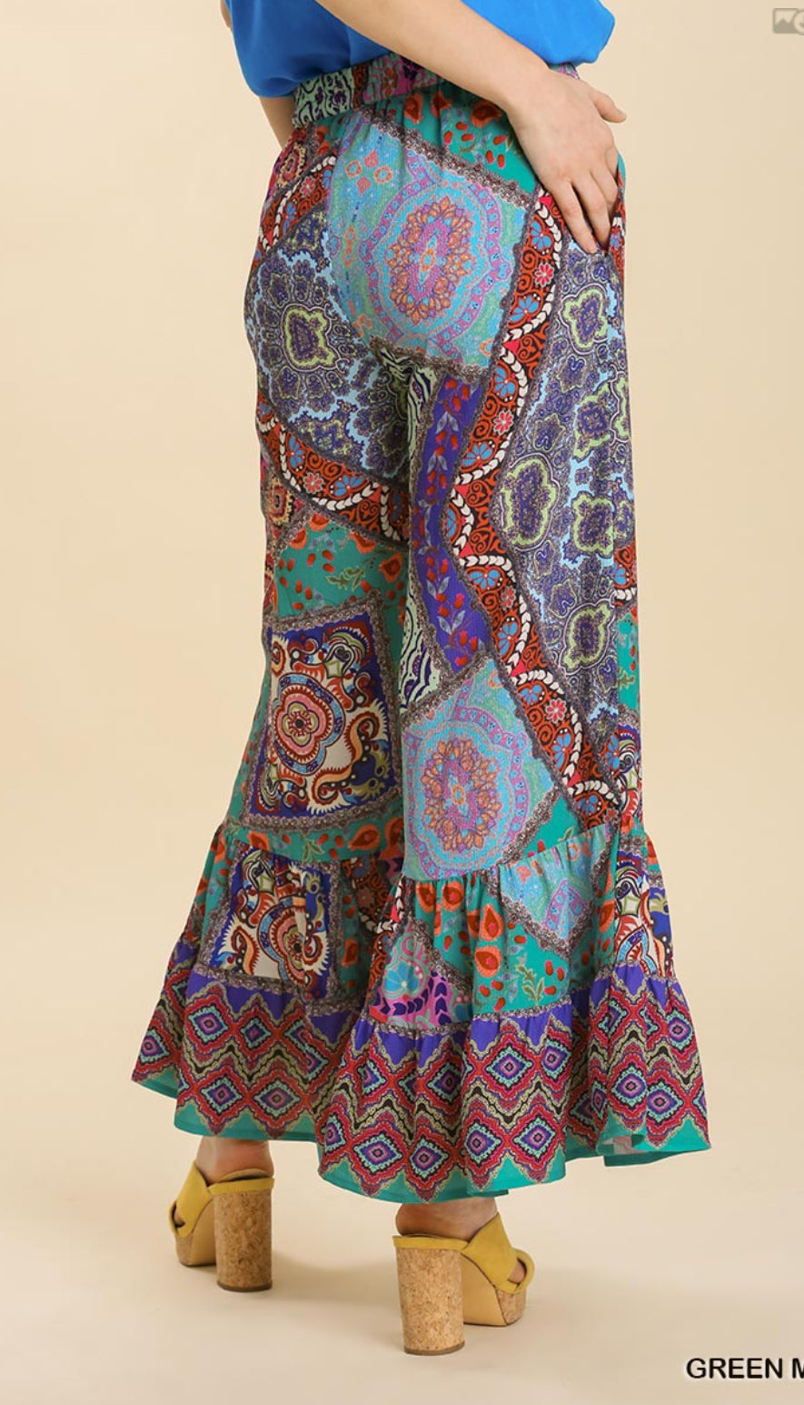 Mixed Print Ruffle Pants Plus Size