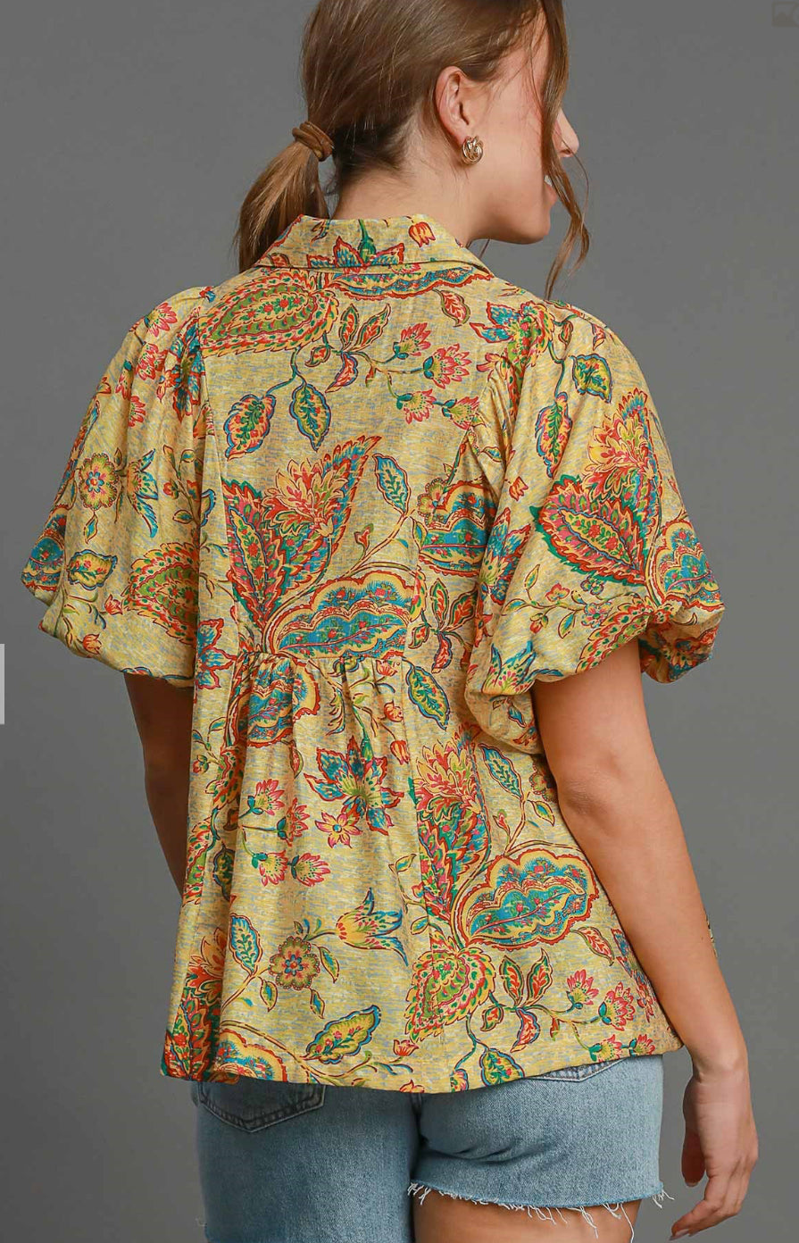 Umgee Bubble Sleeve Blouse *Patterned