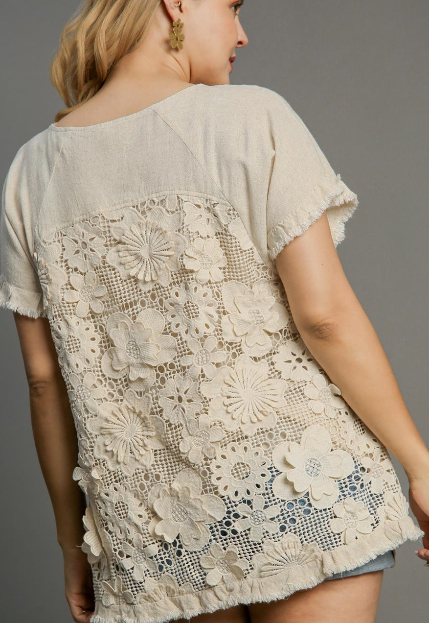 Linen Top with Floral Lace Back