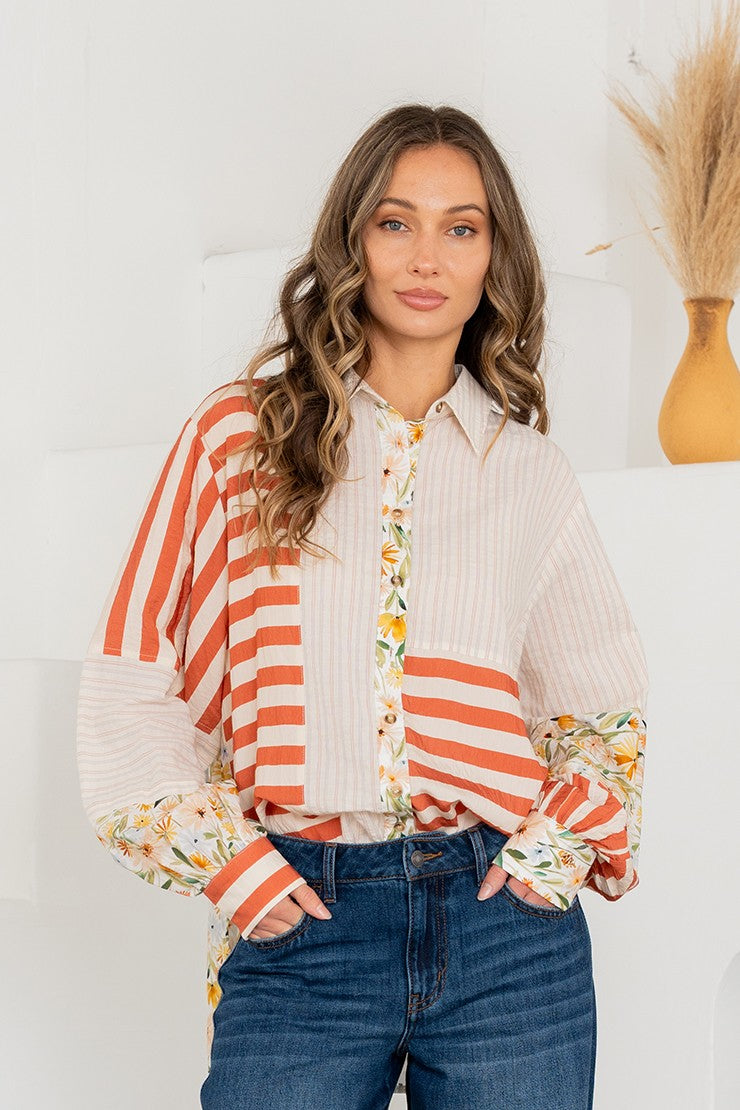 Relaxed Fit Mixed Print Button Down Shirt