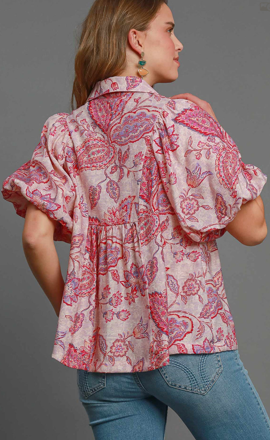 Plus Size Umgee Bubble Sleeve Blouse *Patterned