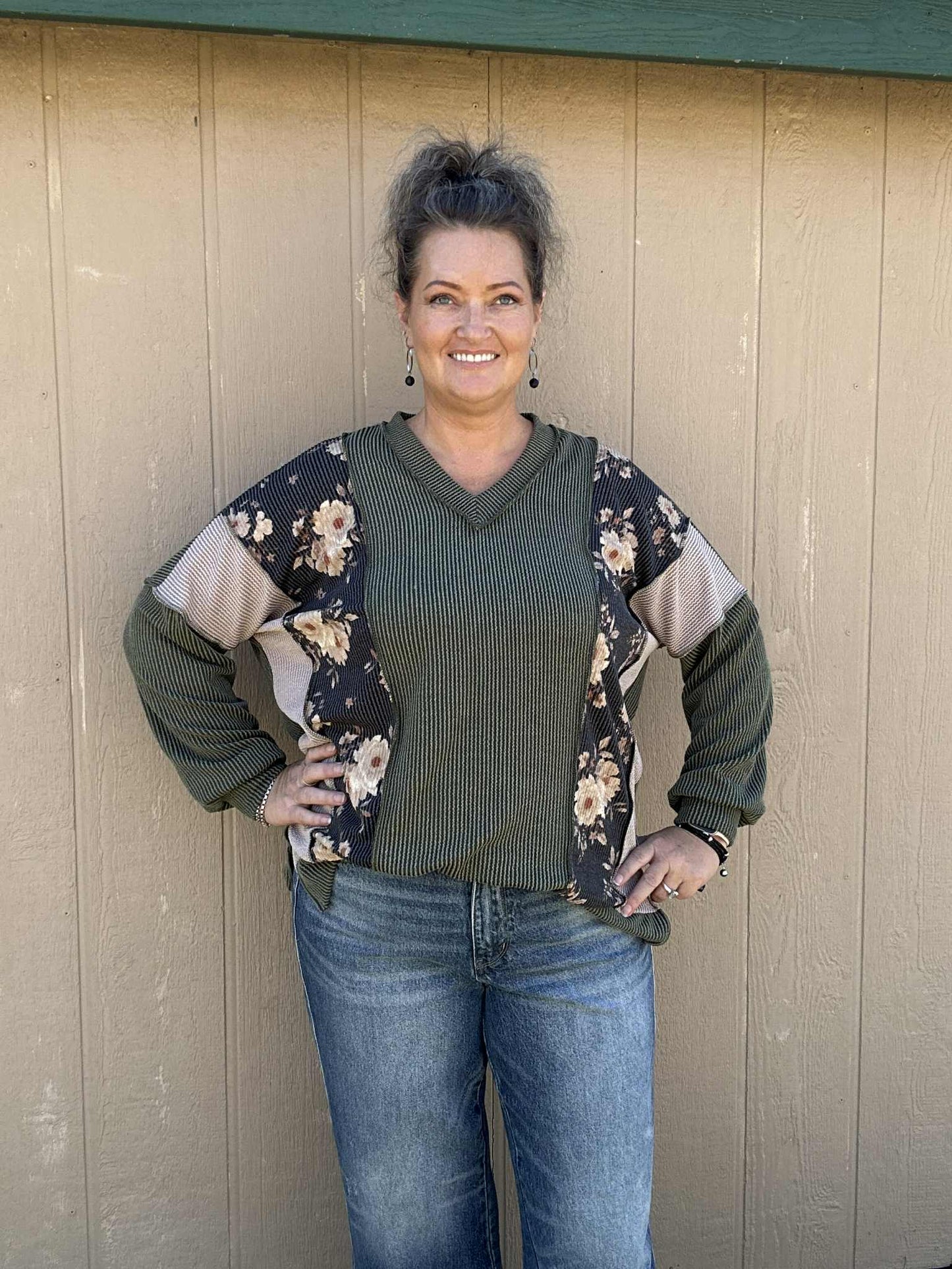 Ribbed Floral Long Sleeve Top Plus Size