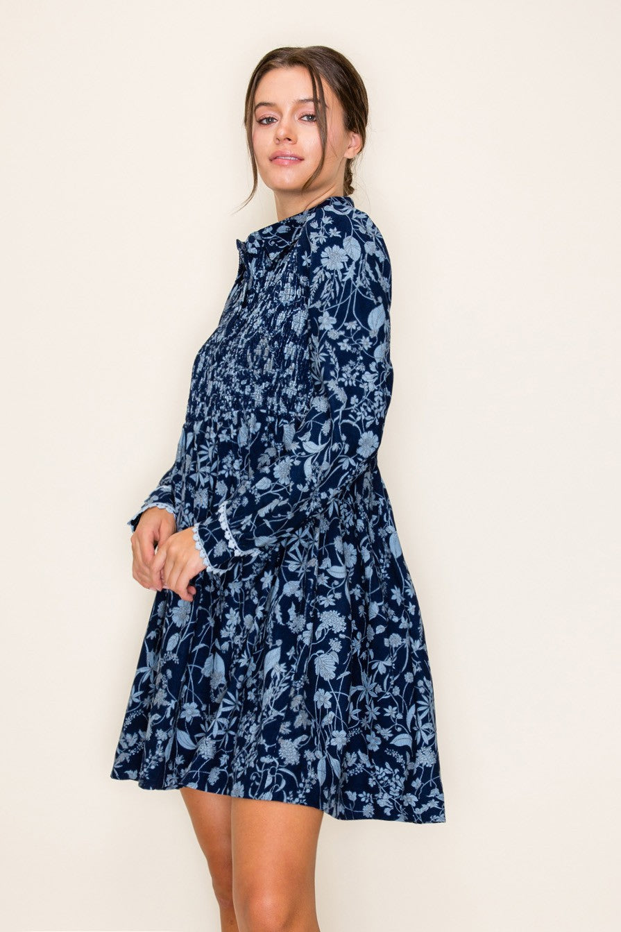 Smocked Bodice Printed Corduroy Mini Dress