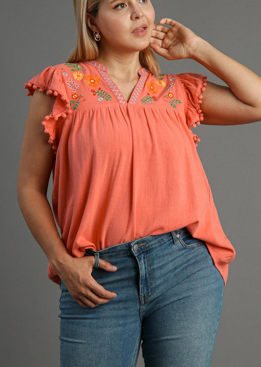 Umgee Full Size Seam Detail Linen Ruffle Fringe Edge Top Plus Size