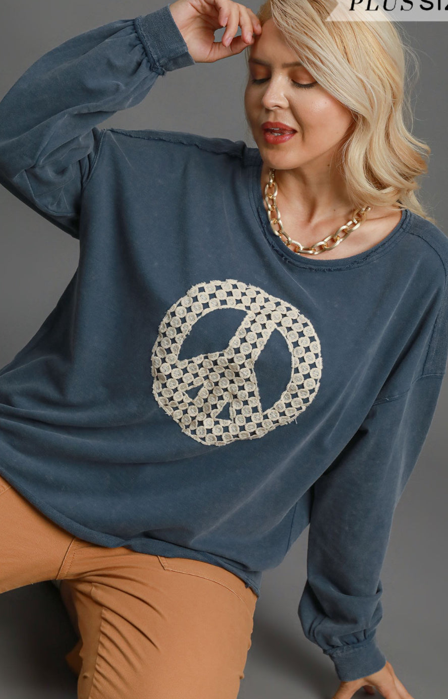 Umgee French Terry Peace Sign Top Reg + Plus Size
