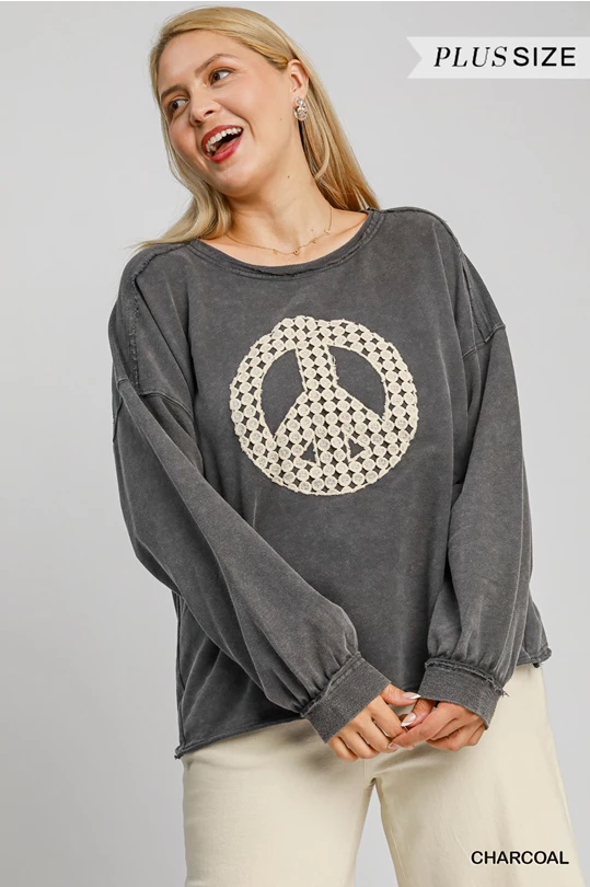 Umgee French Terry Peace Sign Top Reg + Plus Size