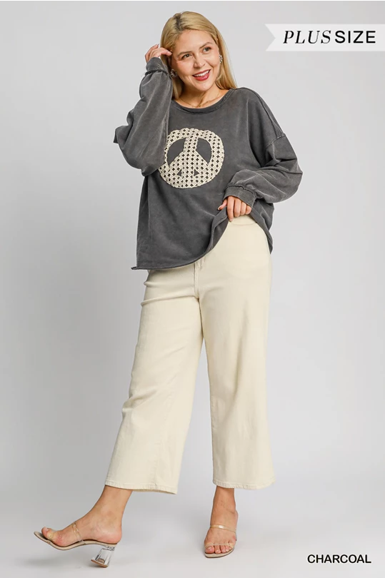 Umgee French Terry Peace Sign Top Reg + Plus Size
