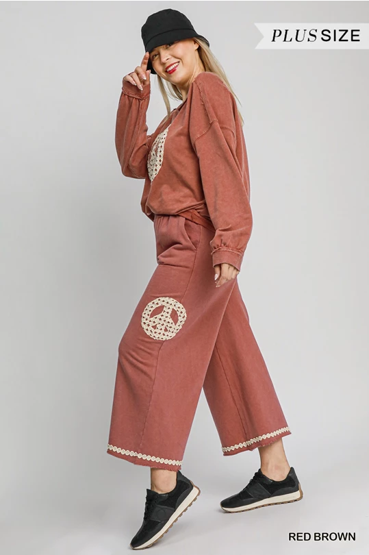 Umgee French Terry Peace Sign Pants Reg + Plus Size