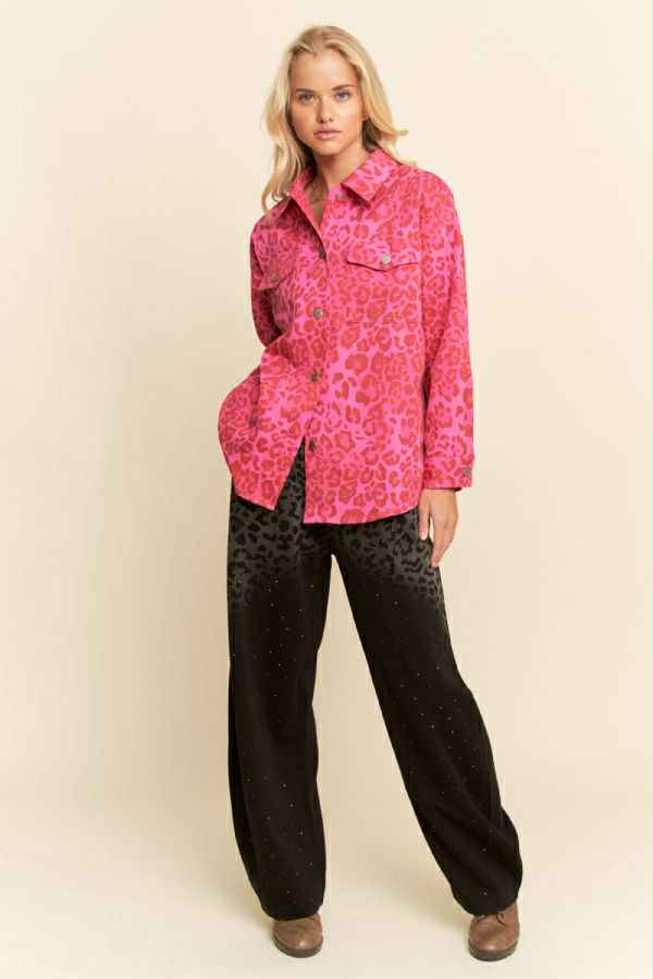 Davi & Dani Pink leopard print denim jacket
