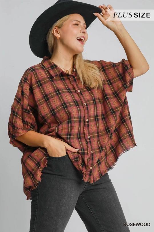 Umgee Plaid Collared Button Down Reg + Plus Size Top