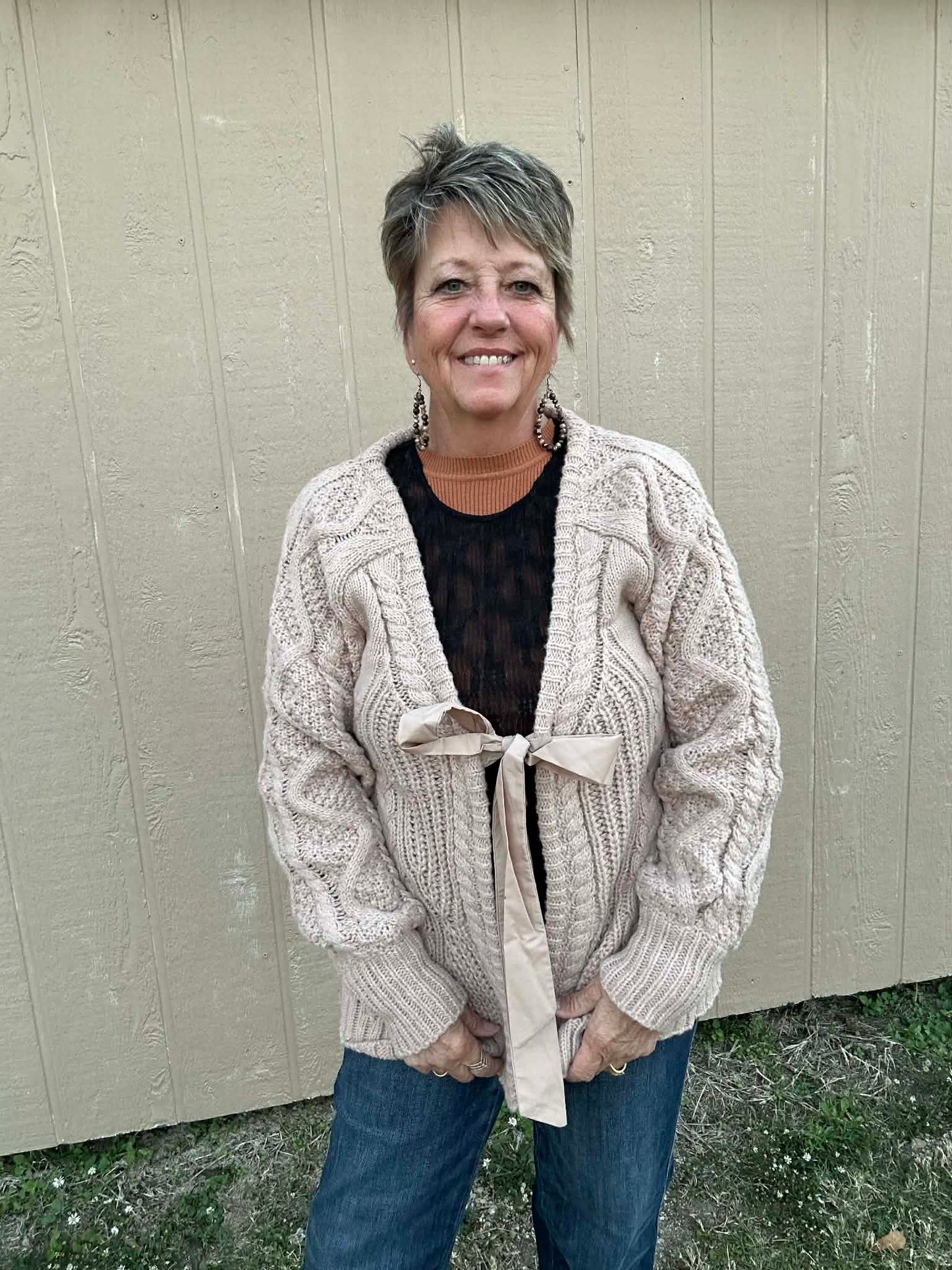 Crochet Taupe Sweater with Bow