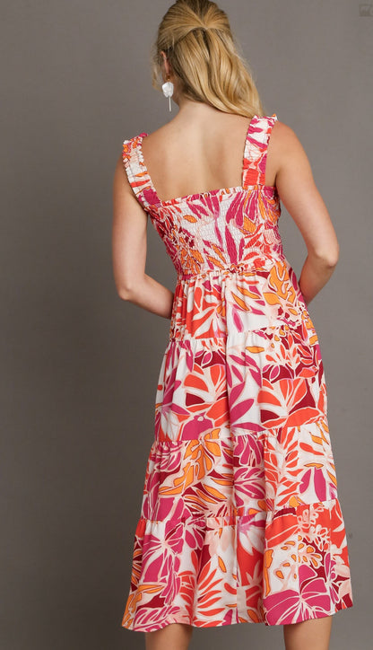 Tropical Print Smocked Tiered A-Line Dress