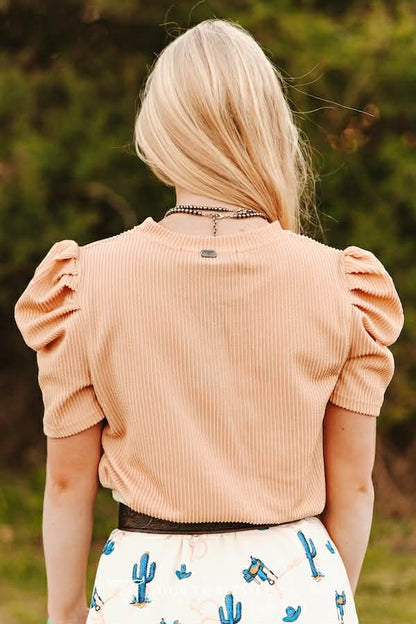 Lucky & Blessed bubble sleeve ribbed top