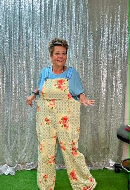 Easel blue strap floral overalls