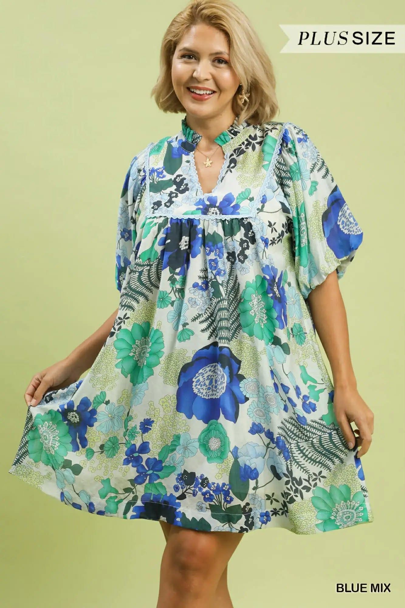 Umgee Blue Mix Floral Dress Plus