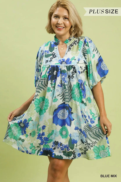 Umgee Blue Mix Floral Dress Plus