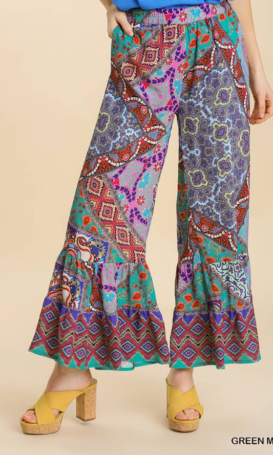 Mixed Print Ruffle Pants Plus Size