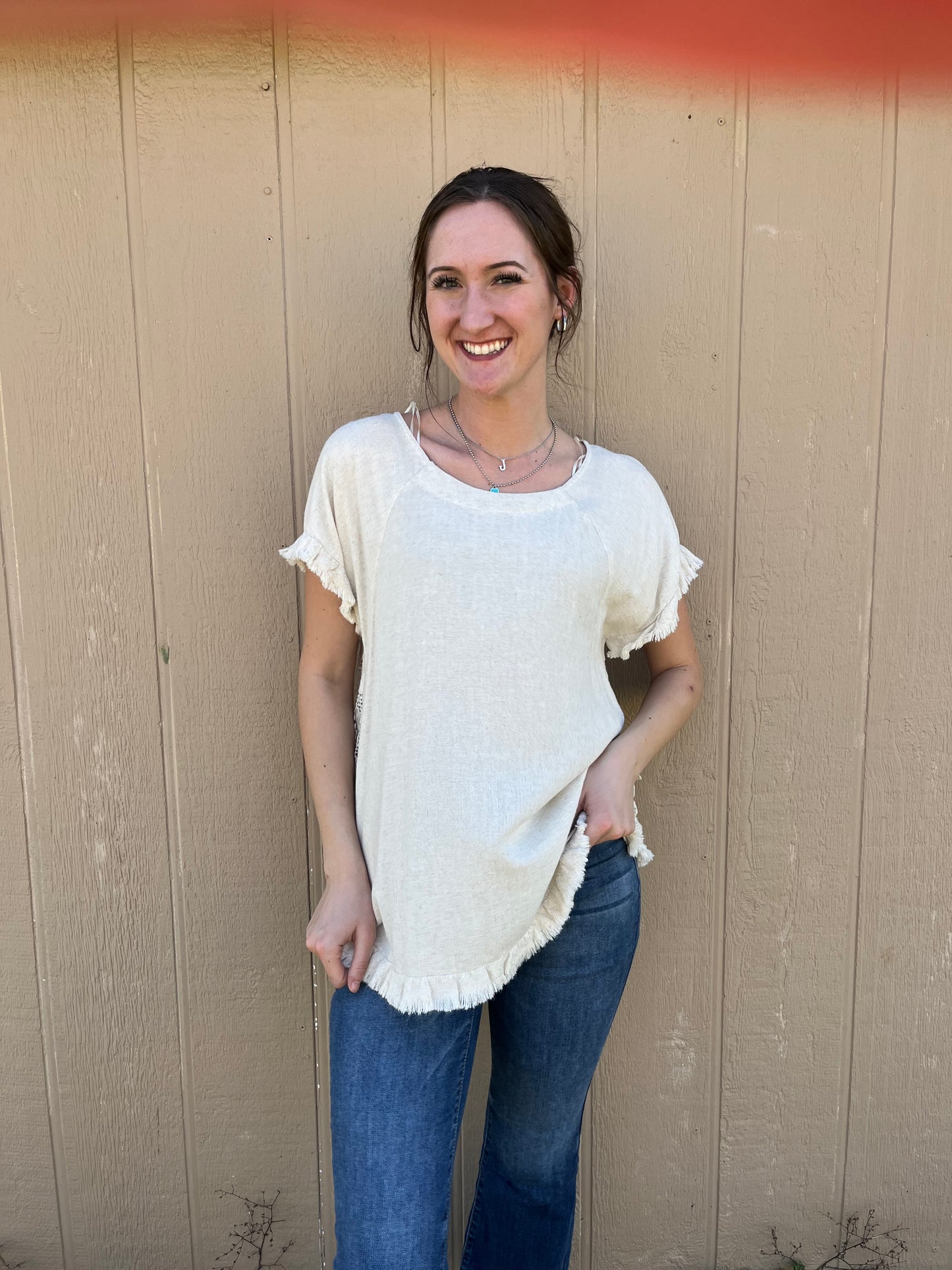 Linen Top with Floral Lace Back