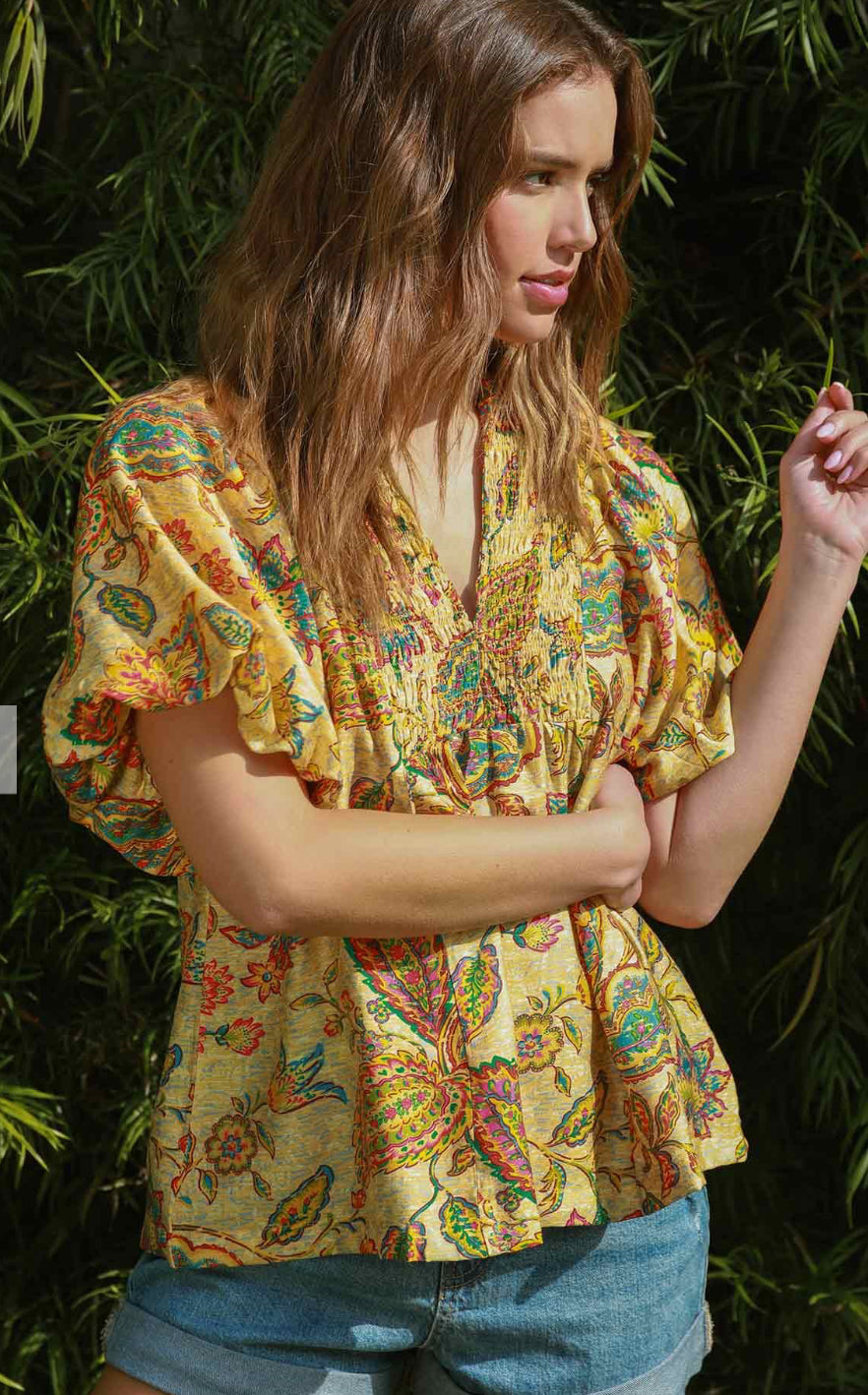 Umgee Bubble Sleeve Blouse *Patterned