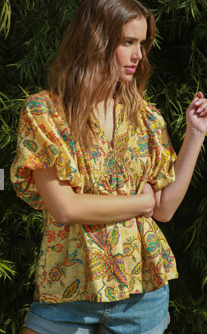 Umgee Bubble Sleeve Blouse *Patterned