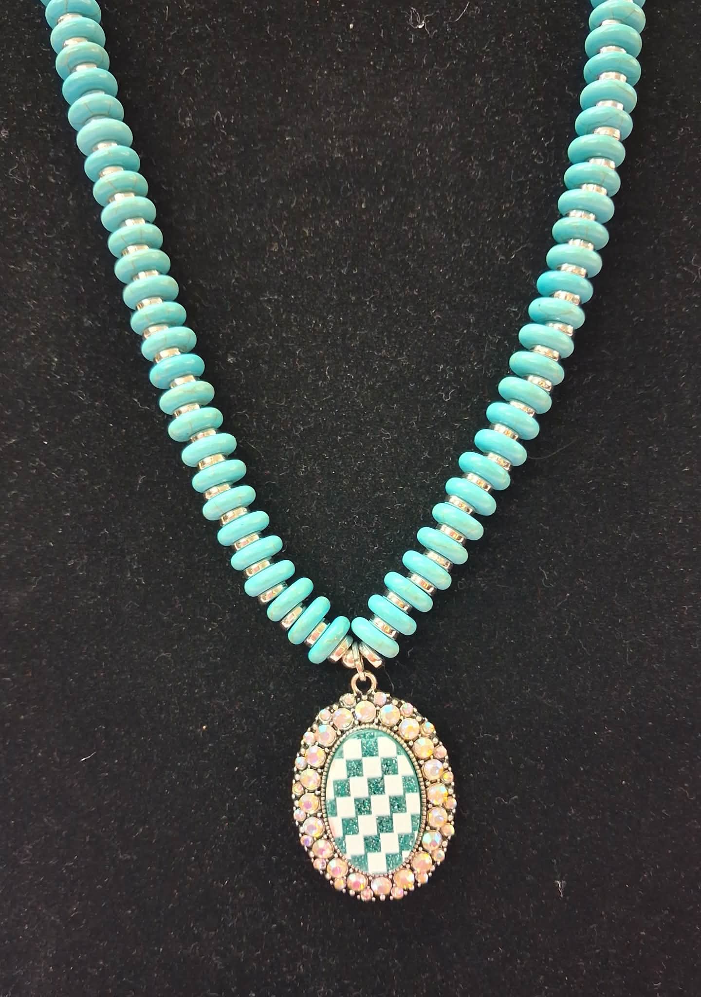 Silver Checked Pendant w/Rhinestones