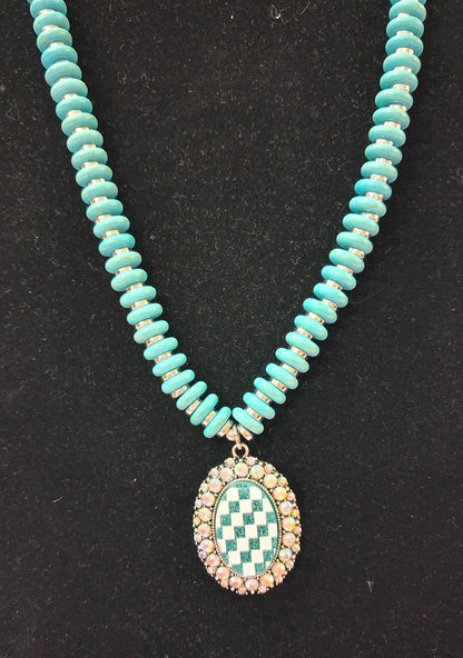 Silver Checked Pendant w/Rhinestones