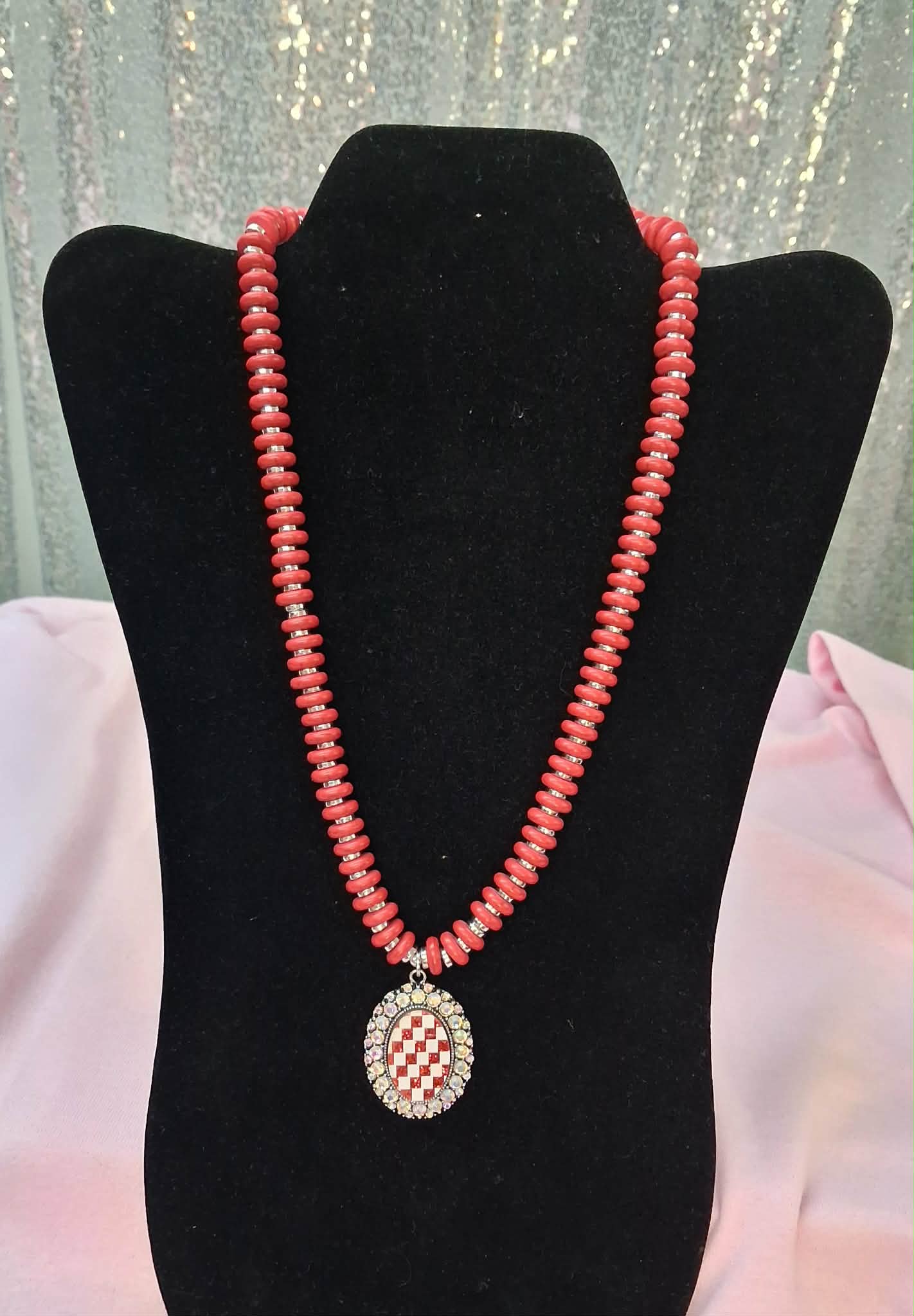 Silver Checked Pendant w/Rhinestones