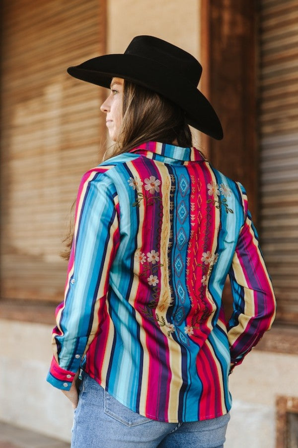 Red Turquoise Serape Pearl Snap Button Down Top