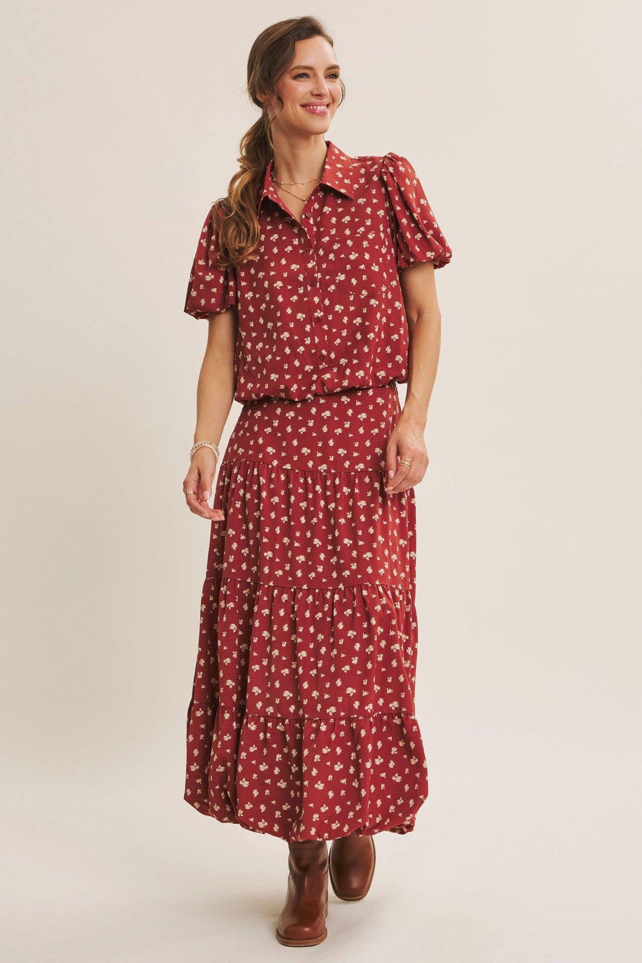 Brunch Date Floral Bubble Hem Skirt