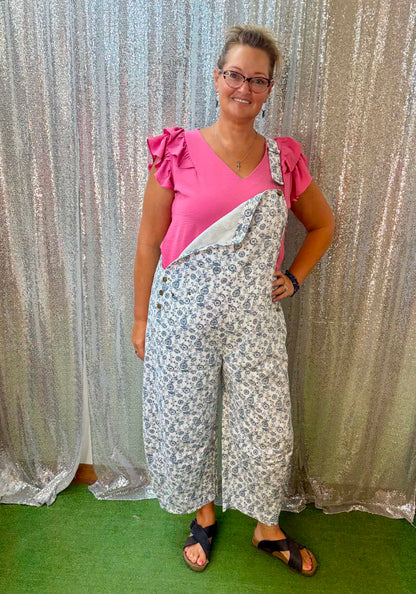 Oddi Washed Blue Floral Overalls Plus