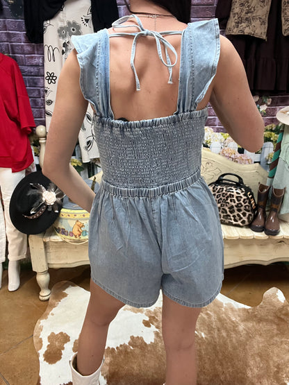 Denim Ruffle Sleeve Romper