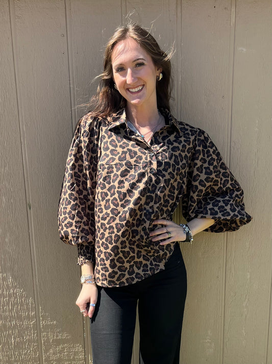 Leopard Smocked Puff Sleeve Top