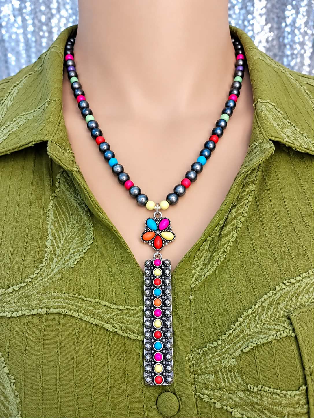 Multicolor Beaded Necklace with Long Geometric Pendant