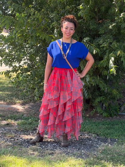 Easel Tulle Layered Plaid Skirt