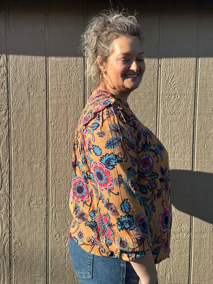 Easel Mustard print Tabby long sleeve top