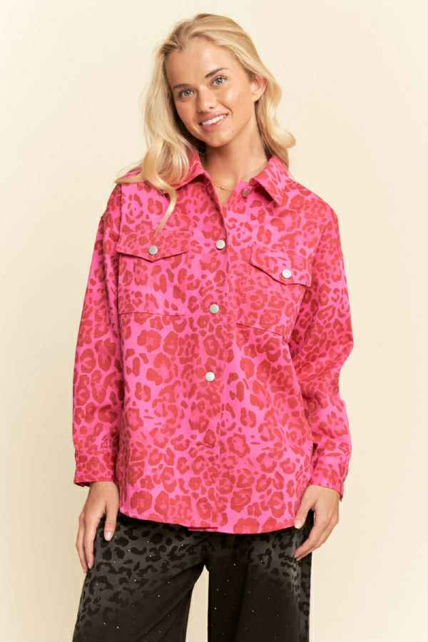 Davi & Dani Pink leopard print denim jacket