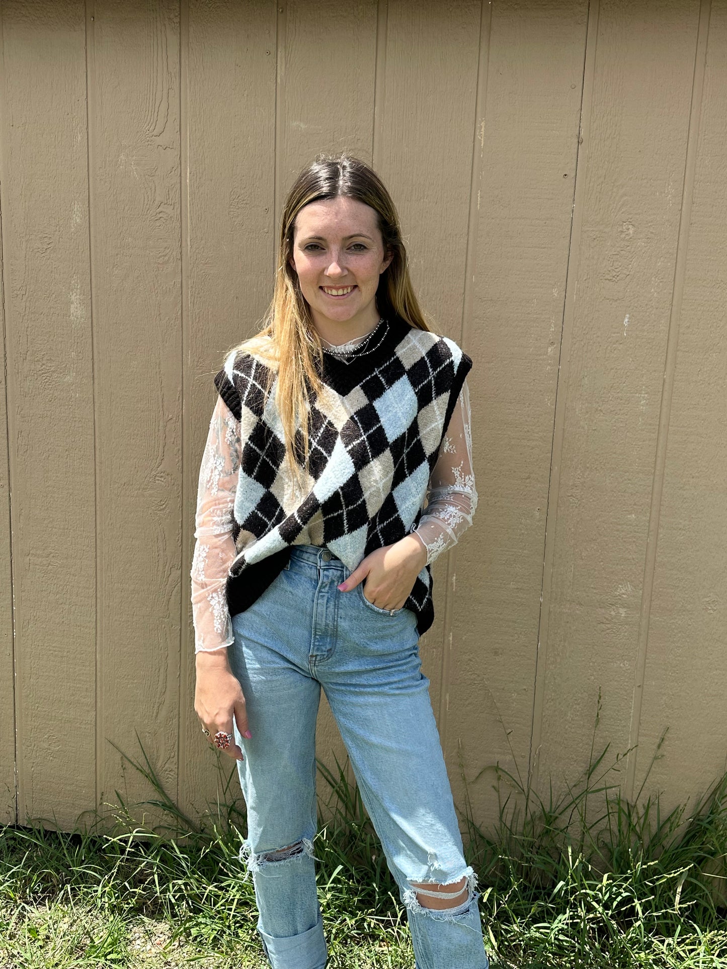 Blue and brown plaid vest