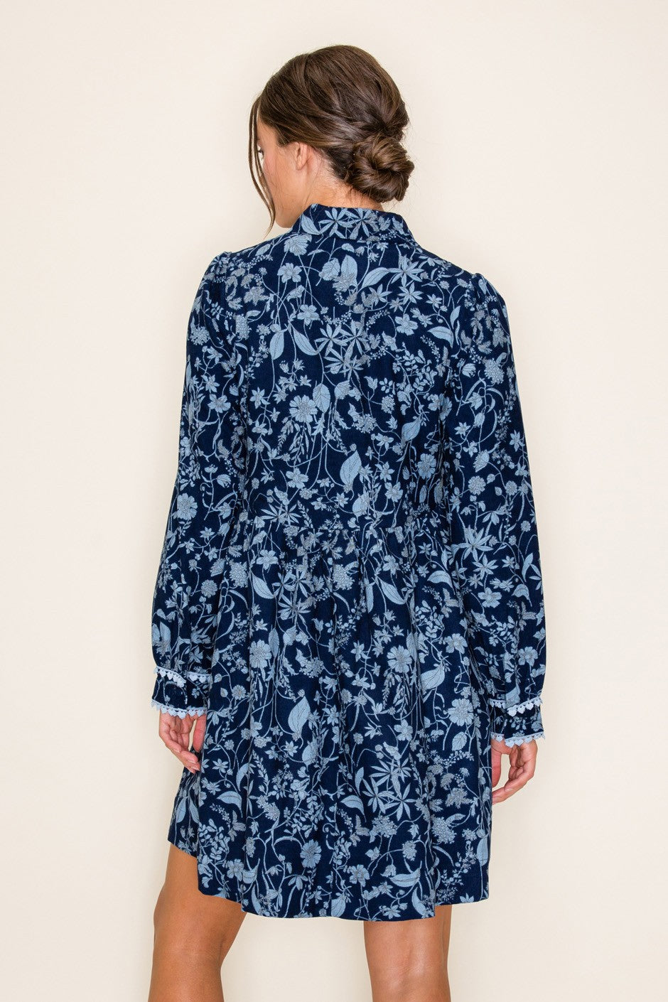 Smocked Bodice Printed Corduroy Mini Dress