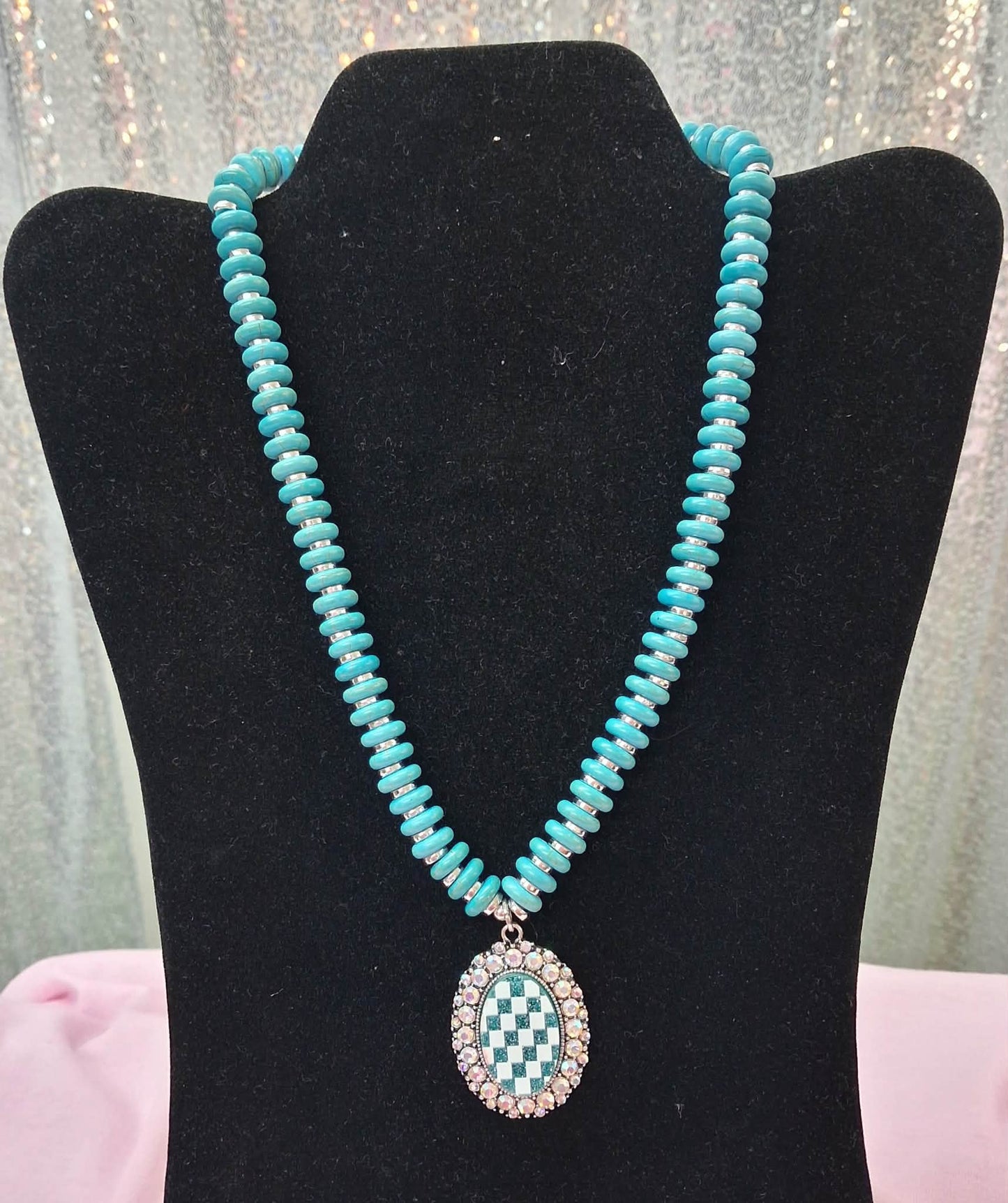 Silver Checked Pendant w/Rhinestones